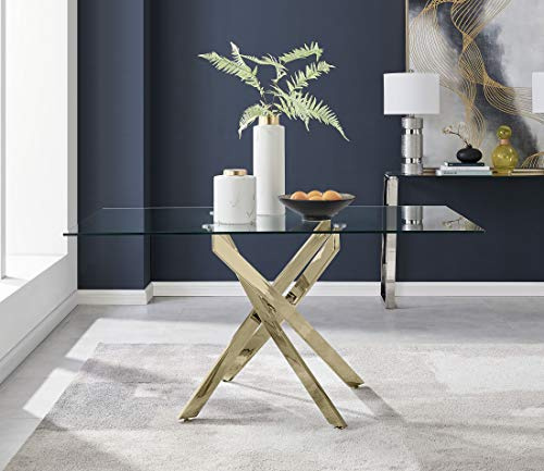 Furniturebox UK Glass Dining Table - Leonardo 6 Seater Gold Leg Rectangular Tempered Glass & Metal Modern Stylish 150cm x 90cm