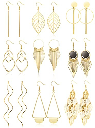JeweBella 9 Paar Hängende Ohrringe Set für Damen Mädchen - Hypoallergene Edelstahl Modeschmuck Silber/Gold - Welle Blatt Quasten Design