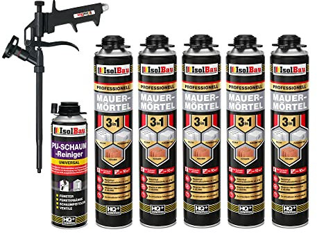 Isolbau Mauermörtel Set: 5x 750 ml PU-Mörtel 1x 500 ml Pistolenreiniger 1x Teflon Schaumpistole, PU-Reiniger, Montageschaum, Pistolenschaum