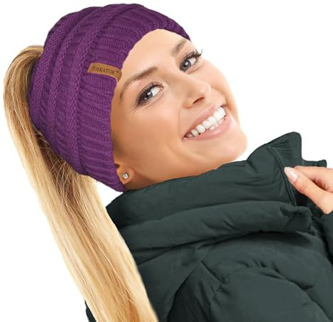 TOSKATOK® Ladies Womens Plain Ponytail Messy Bun Ribbed Winter Beanie Hat Cap Hair Hairband-Purple