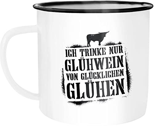 Moonworks®Emaille-Tasse Ich trinke nur Glühwein von glücklichen Glühen mit Spruch lustig Winter Weihnachtsmarkt Motiv Emaille-Becher emaille-weiß-schwarz standard