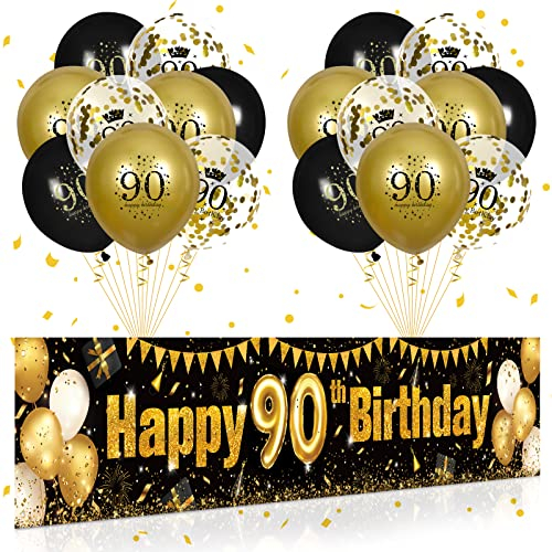 90. Geburtstag Party Deko für Mann Fraue Schwarzes Gold, Luftballons 90. Geburtstag Schwarz Gold Banner und 18 PCS 90. Happy Birthday Konfetti Ballons für Deko 90 Jubiläum Geburtstagsparty Dekoration