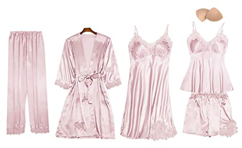 QraraZL Femme 5 Pièces Satin Pyjama Set, Dentelle Kimono Robe Pyjama Set, Sexy Négligé Short et Pantalon Long Chemise de Nuit 5-pièces, avec Coussinets de Sein