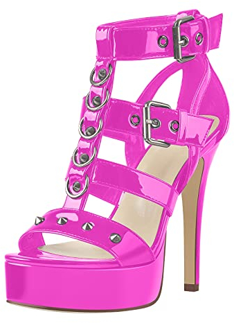 Only maker Damen Gotische Sandalen Punk Sandaletten High Heels T-Riemen Schaftsandalen mit Nieten Schnallen Lack Rosa 44 EU