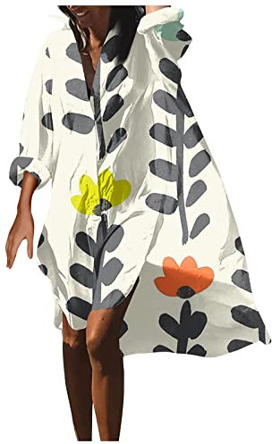 Robe Femme Ete,Robe De Plage Boheme Robe Grande Taille Fluide Decontractée Robe Chemise Baggy Manche Longue Robe D'Été Imprimee Boutonnee Plus Size Summer Dresses for Women 2023 Blanc 3XL