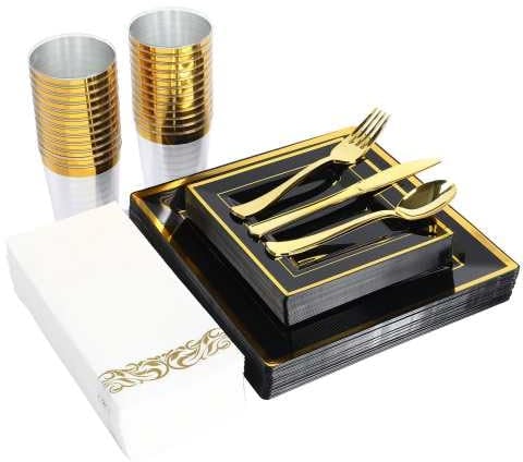 Platos cuadrados para 25 en ocasiones especiales, 175 piezas de vajilla de plástico reutilizable para cenas, cumpleaños, San Valentín, fiestas, Pascua, celebraciones de verano (negro y dorado)