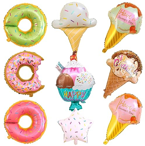 9 Stück Krapfen Geburtstagsdeko Donut Folienballons Eiscreme Heliumballon Süßigkeiten Mylar Luftballon Set für Jungen Mädchen Kindergeburtstag Sommer Party Dekoration Donut Thema Baby Shower Deko