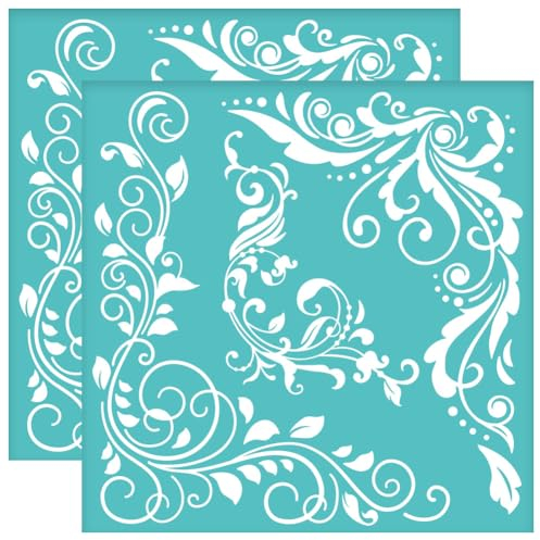 OLYCRAFT 2 Stück 22x22cm Selbstklebende Siebdruck Schablone Ranken Siebdruck Schablone Barock Eck Siebdruck Schablone Florales Thema Netz Transfer Schablonen Für DIY T-Shirt Stoffmalerei