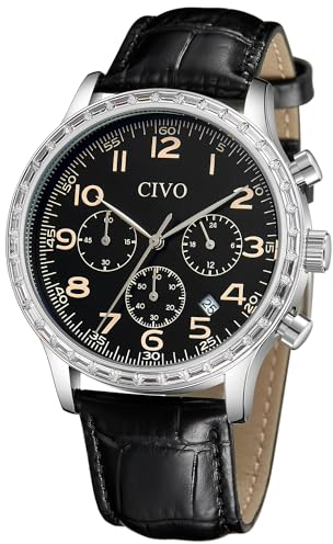 CIVO Herrenuhr Schwarz Leder Armbanduhr: Chronographen Sportlich Wasserdicht Analog Klassisch Lässig Datum Geschenke Uhren für Männer