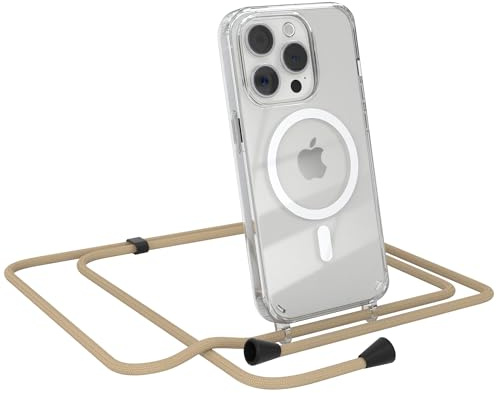 EAZY CASE - Handykette kompatibel mit iPhone 15 Pro Kette zum Umhängen Stoßfest Handyhülle für iPhone 15 Pro Silikon Hülle mit Band Handytasche Transparent als Fallschutz in Taupe - Clips Schwarz