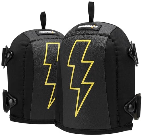 Thunderbolt Knee Pads Work for Construction Flooring Plumbing Cleaning - Gardening Knee Pads Anti-Slip Leather Lightweight Comfortable Foam Cushion with Adjustable Straps & Fast Clip Fastener