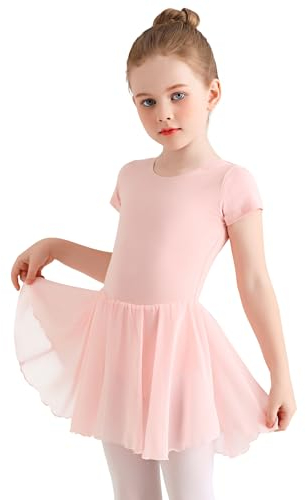 Eisnnu Ragazza Vestito da Balletto Vestito Danza Tutu Body Ginnastica Cotone Manica Corta con Chiffon Gonna Adatto all'età 2-11 Anni(Rosa,100)