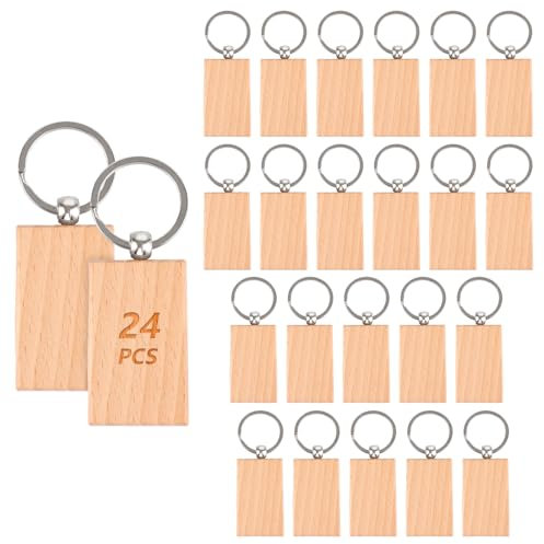 WOPPLXY Pack of 24 5.2 x 3.2 cm Wooden Key Rings Rectangular Wooden Key Ring for Painting, Gifts, Decoration, wood-coloured, 5,2 x 3,2cm