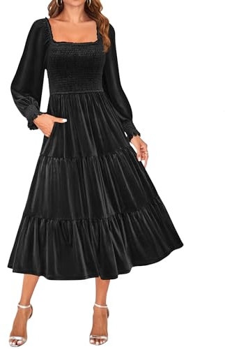 ZESICA Women’s Velvet Long Sleeve Dresses 2025 Fall Square Neck Smocked Ruffle A Line Flowy Midi Dress with Pockets, Black, L