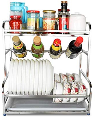 Estante de Almacenamiento de Cocina Multifuncional, escurreplatos de Acero Inoxidable de 3 Niveles, Estante de Cocina con Drenaje | Escurridor con Bandeja y Soporte para Cubiertos | Rejilla