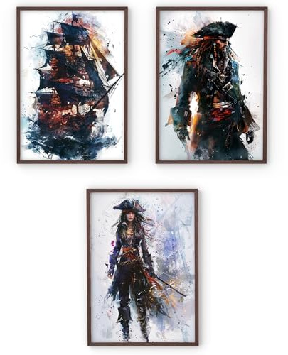 MJ-GRAPHICS® Poster Set Piraten Jungen Gamer & Jugendzimmer Bilder Kinderzimmer Pirates of the Caribbean Poster Gaming Zimmer Deko, 3xA4 Bilder Pirat Flagge Piraten Wanddeko Deko Bilder ohne Rahmen