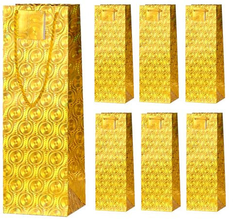 6 Pack Wine Gift Bags Metallic Wine Bottle Paper Bags Holographic Wine Bags for Wedding Birthday Christmas Retirement Party Supplies (Gold)