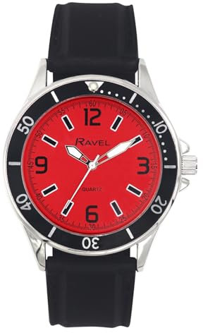 Ravel - Sportliche Herrenuhr mit Schwarzem Silikonarmband und Oberem Ring auf Silberfarbenem Gehäuse - Analoges Quarzwerk - RS002.10 - Rotes Zifferblatt