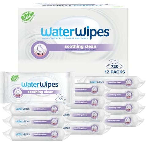 WaterWipes Soothing Clean Baby Wipes, 720 Count (12 Packs), 99% Water-Based Wipes with Botanical Extract, Unscented, Packaging May Vary