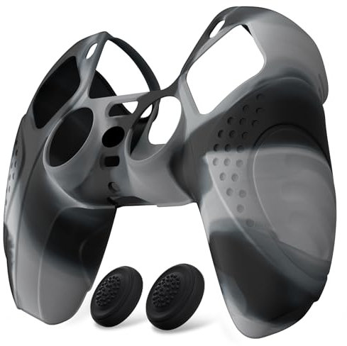 eXtremeRate PlayVital Cover Custodia per ps5 Joystick Controller Skin Silicone Antiscivolo Protettiva con Gommini Copri Levette Analogiche-Guardian Edizione,Grigio Nero