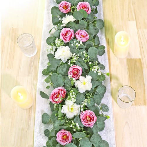 UXORSN Künstliche Eukalyptus-Blumengirlande mit weiß-rosa Rosen, künstliche Pflanzen, Seide, Blumen, grüne Girlande, Kunstschleierkraut, Efeu-Ranken für Hochzeitsdekoration, Zuhause, Party,