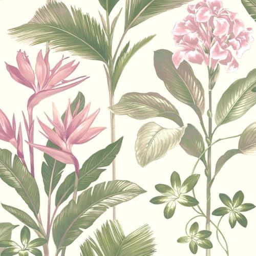 Oliana Floral Green Pink Wallpaper - Botanical Flowers Leaves Naturistic - Stylish Modern Feature Wall