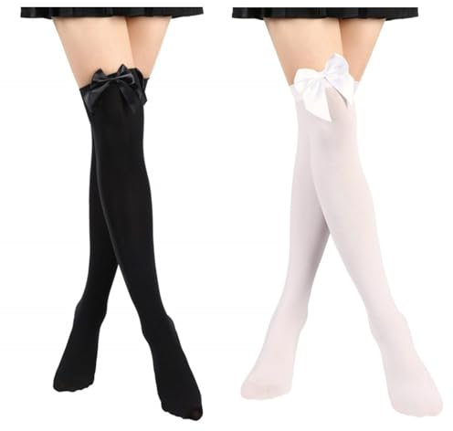 Frdelma Calze da donna con fiocco, calze sopra il ginocchio da donna con fiocco Calze alte alla coscia per ragazze Cosplay Festa di Natale (Nero, Bianco)