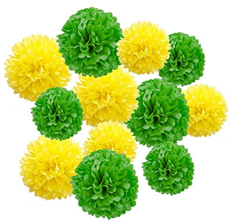 Ainmto 12pcs Yellow and Green Paper Pom Poms Decorations for Party Ceiling Wall Hanging Tissue Flowers Decorations - 3 Colors of 12 Inch, 10 Inch