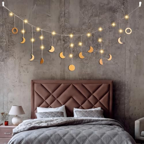 Mondphasen Girlande Mit Lichterkette,Schlafzimmer Wanddeko Boho,Mondlampe Ramadan Deko,Boho Lichterkette Schlafzimmer,Mond Girlande Aesthetic Room Decor,Mondlampe Wanddeko,Led Girlande 144cm 13 Monde