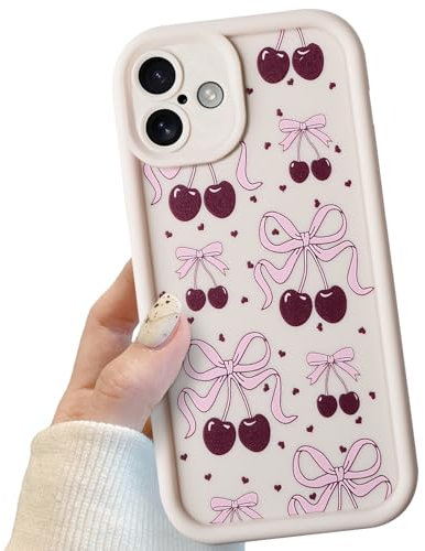 Cherry Bow Phone Case for iPhone 16 Plus,Cute Red Cherry Bow Pattern Shockproof Bumper Phone Case for Women Girls, Soft TPU Slim Girly Cute Protective Cover for iPhone 16 Plus