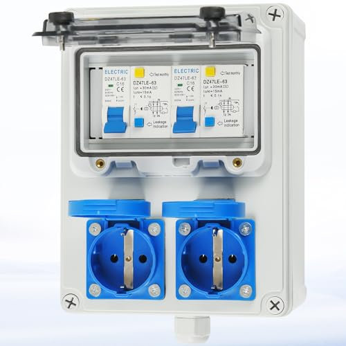 Warmfay Baustromverteiler Vorverkabelt Stromverteiler, 2x 230V Schuko Steckdosen, Wandverteiler mit 2x FI-Schalter 16A, IP67 Wasserdicht Gehäuse für Innen und Außen