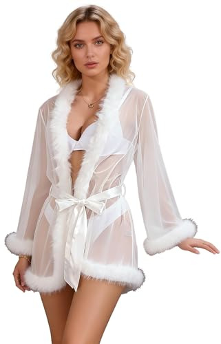 sunshinelady Vestaglia Corta Sexy da Donna con Bordi in Pile Rete Kimono Accappatoio Camicia da Notte Lingerie Babydoll Maniche Lunghe Trasparente Leggero Taglie Forti XS-4XL