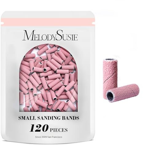 MelodySusie 120 Pcs Nail Drill Bits Small Sanding Bands for 3.1mm Small Mandrel Bit, 240 Extreme Fine Grit Nail File for Acrylic Nails Gel Manicures and Pedicure, Pink (Sanding Bands Only)