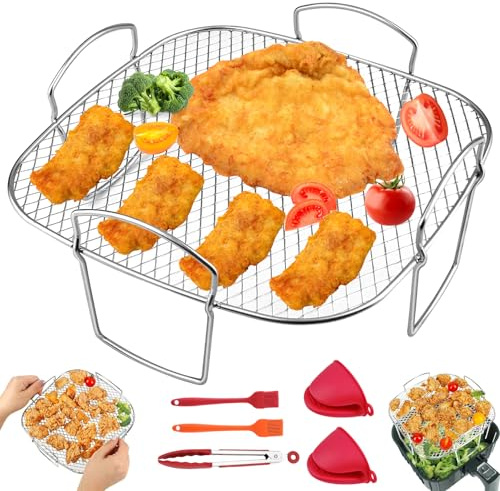 GZqiancang Grillrost Heißluftfritteuse Set,6 Stück,21×21×9.3 cm | Edelstahl Airfryer Gitter für Heißluftfritteuse, Backofen, Dampfgarer, Dehydrator
