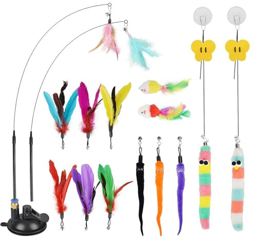 Emwel Interactive Cat Toys 17PCS Set-Feather,String,Stick&Wand with Attachments for Indoor Cats(Includes Super Suction Cup & Hanging Door)