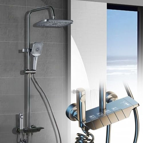 Colonna Doccia con Miscelatore Doccia Soffione Completo Asta Doccia con Soffione e Doccetta 135 cm Regolabile Soffione Doccia Quadrato (Grigio)