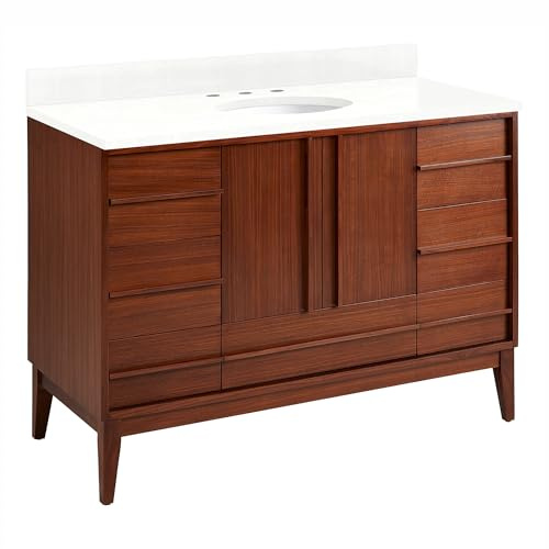 Signature Hardware 955207-48-UM-3 Sybill 48 Freestanding Mahogany Single Basin Vanity Set with Cabinet, Vanity Top, and Oval Porcelain Sink - 8 Faucet Holes - Washed Walnut/Feathered White