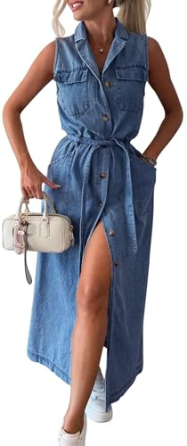 MAGIMODAC Ladies Summer Sleeveless Denim Long Dresses Blue L