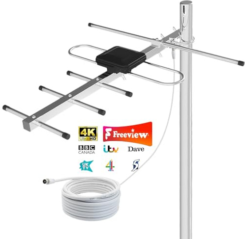 Outdoor TV Aerial for Freeview – Long Range Digital HDTV Aerial, Strong VHF/UHF Reception, Supports 4K/1080P HD, Weather-Resistant for Loft & Outdoor Use, 10m Coaxial Cable (Pole Not Included)