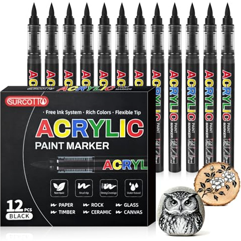 Surcotto 12 Black Acrylic Paint Pens, Soft Brush Tip Acrylic Marker Pens, Acrylic Paint Markers for Colouring, Glass, Fabric, Egg, Rock Painting and DIY Crafts Art Supplies