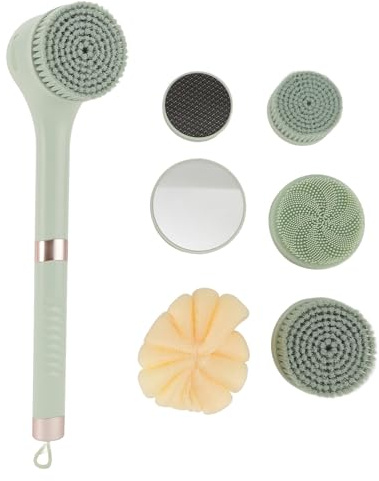 Electric Body Brush Back Scrubber with Detachable Handle, Rechargeable Body Exfoliator Shower Brush with 6 Heads Scrubber Set, Bath Accessories for Deep Cleaning Relaxing