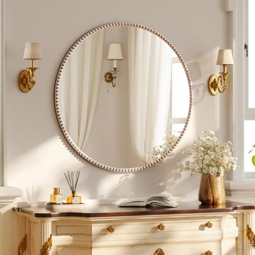 Koonmi runder Wandspiegel 70 cm, PU Perlenrahmen, Silber | Retro Badspiegel zum Aufhängen oder Anlehnen für Eingangsbereich, Schlafzimmer, Wohnzimmer und Flur