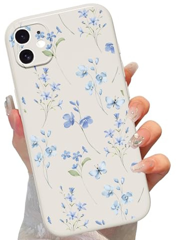 Phoona Cute Case for iPhone 11 6.1, Girly Aesthetic Blue Flower Pattern Design, Camera Protection Bumper Soft Slim TPU Shockproof Protective Cover for Girls Women