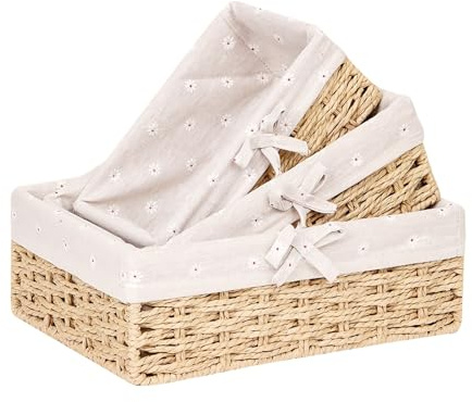 3er Set Brötchenkorb, Scandi Style Aufbewahrungskorb Geflochten Brotkörbchen Körbchen Rattan Korb Brotkorb Geflochtener mit Baumwolleinsatz für Badezimmer Wohnzimmer Schlafzimmer