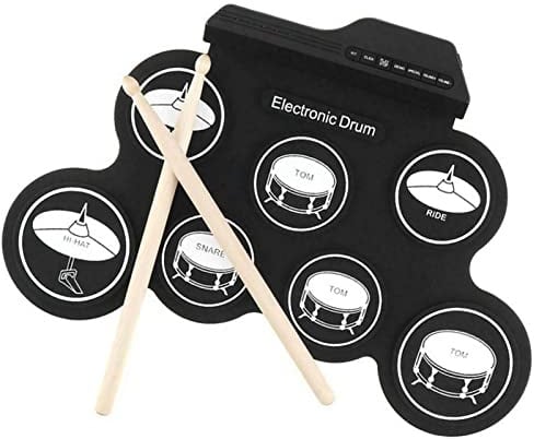 Drfeify Elektronisches Schlagzeug-Set, 7 Silikon-Pads mit 5 Trommelmelodien, 8 Demo-Songs, 3 Rhythmen, Tragbares Roll-Up-Drum-Übungspad mit MP3-Eingang, für Kopfhörer, Lautsprecher,
