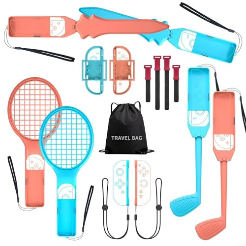 15-in-1 Sports Control Set for Switch 2 ABS Gaming Accessories with Wristbs | Leg Straps | Tennis Rackets | For Golf & Fencing Gear for Active Play - Blue/Pink(Set of 15in1)