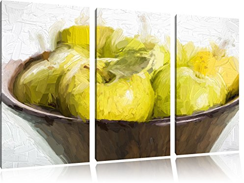 Pixxprint grünen Äpfel in Holzschale Pinsel Effekt, Leinwandbild 3 Teilig, Gesamtmaß: 120x80cm, Wandbild, Dekoration, fertig gespannt, Kein Poster