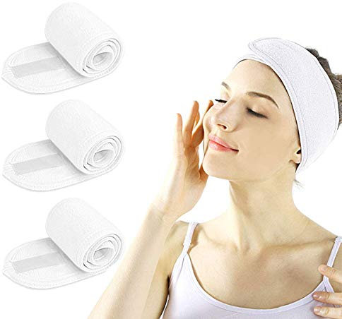 Bandeau Cheveux Femme Maquillage - 3pcs Facial Spa Maquillage Bandeau Douche Bain Wrap Sport Bandeau Éponge Serviette Stretch Réglable avec Ruban Magique (Blanc)