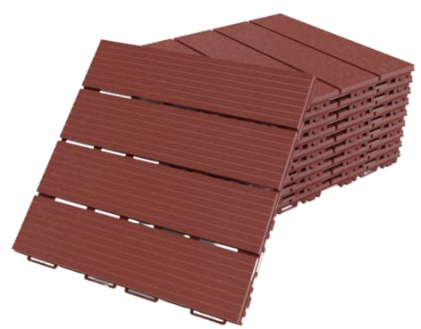 Terrassenfliesen aus Kunststoff, Klicksystem, 30 x 30cm, 8 Stück, 0.72 qm, Balkonfliesen, Bodenbeläge, Klickfliesen in Holzoptik, Ziegelfarbe