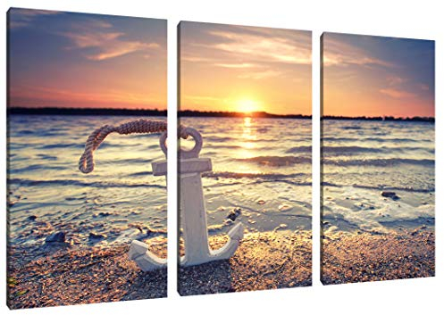 Pixxprint Anker am Ostseestrand im Sonnenuntergang, Leinwandbild 3 Teilig, Gesamtmaß: 120x80cm, Wandbild, Dekoration, fertig gespannt, Kein Poster